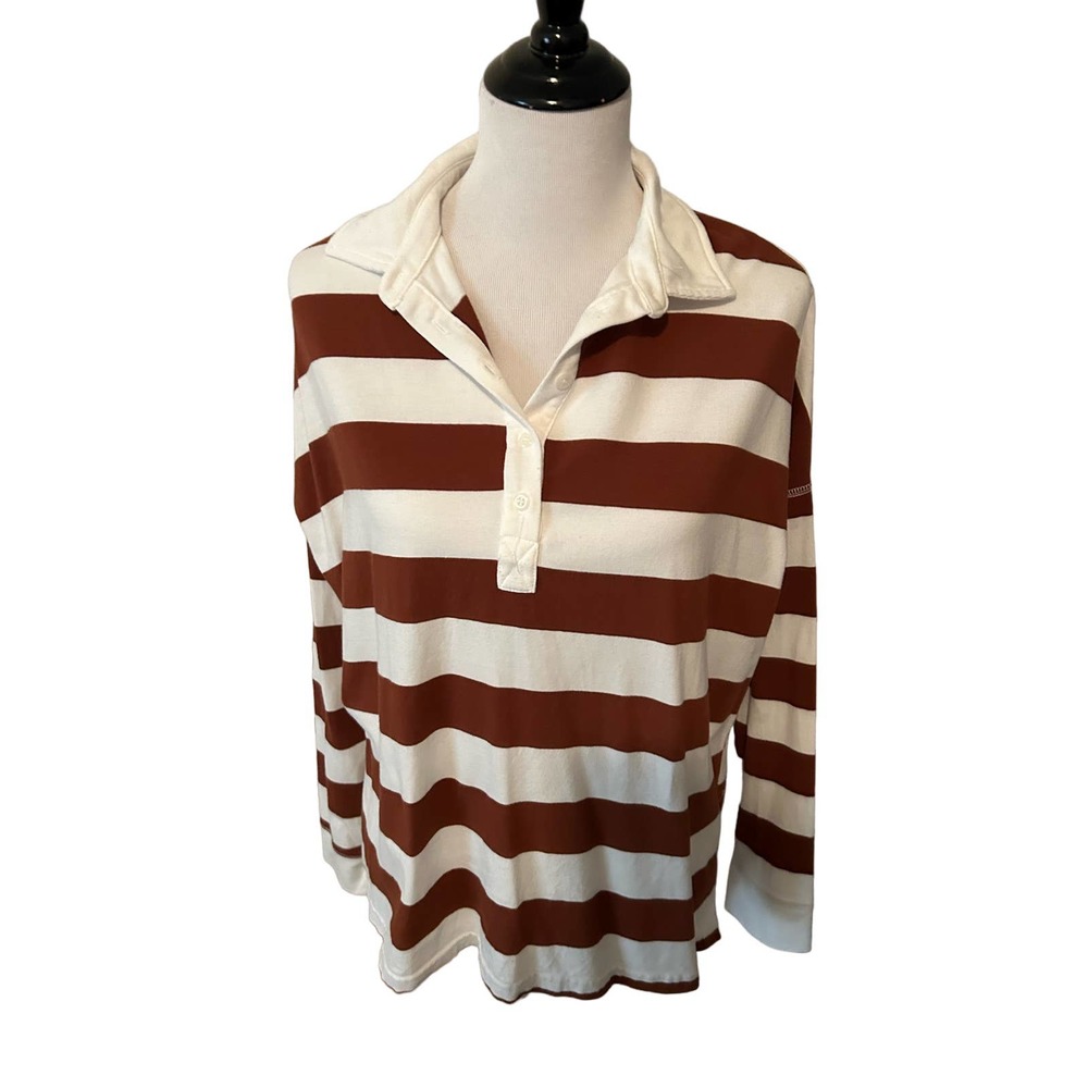 Women's Long Sleeved Striped Polo Top Shirt In Loom Size Large